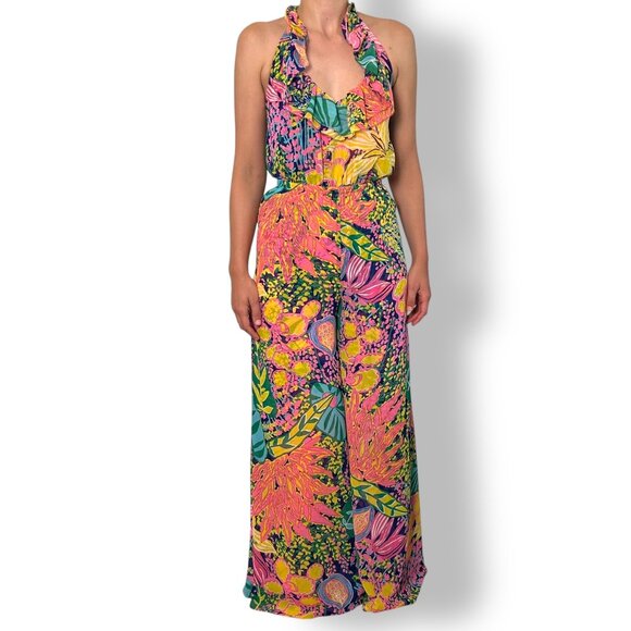 Trina Turk Jumpsuit Jacksonville Sz  XS Floral Wide leg Ruffle Halter Top - Picture 1 of 9
